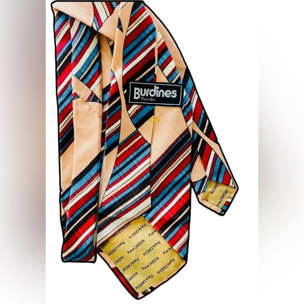 Vintage Pierre Cardin Silk Tie Geometric Stripe 100% Silk Red Blue Tan